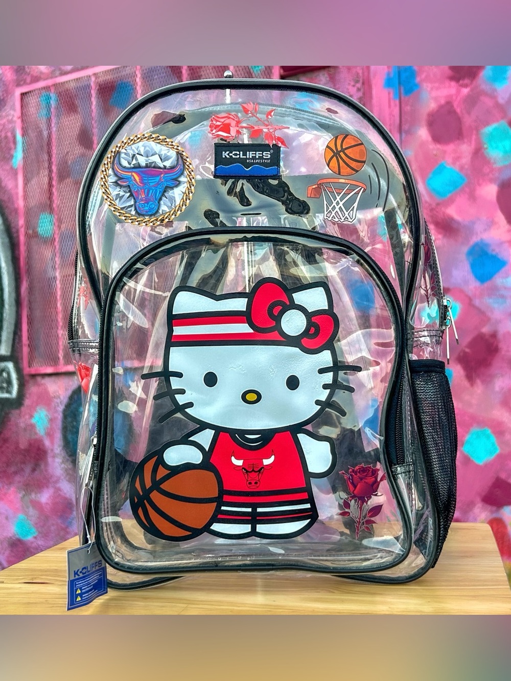 KAWAII CHICAGO Basketball Clear Backpack 17” - Black / Red